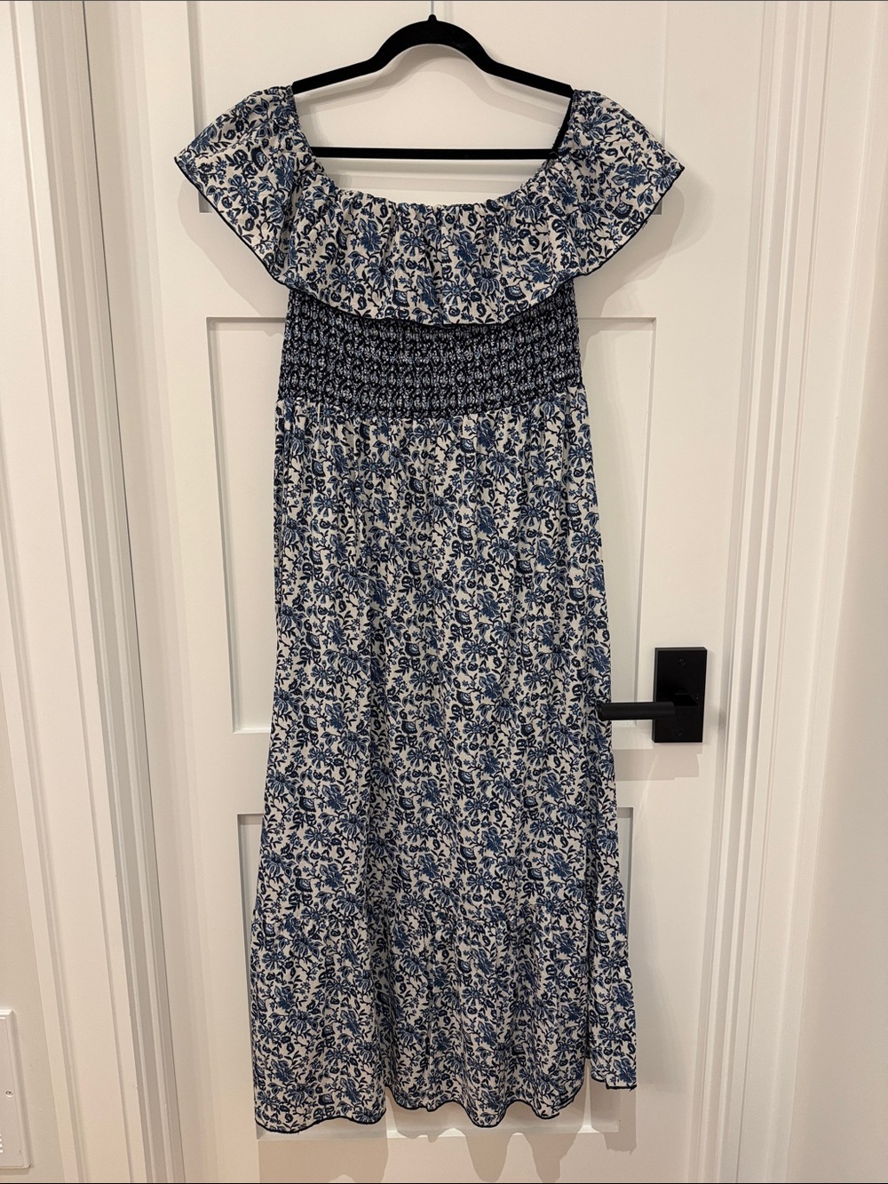 Zara Blue and White Floral Ruffled Maxi Dress on or off shoulder